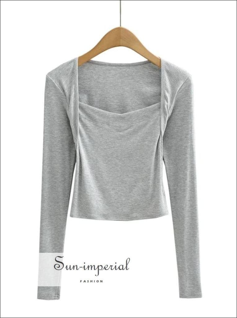 Sun-imperial - women grey deep v plunge neck long sleeve t-shirt ribbed top  with hooks front – Sun-Imperial