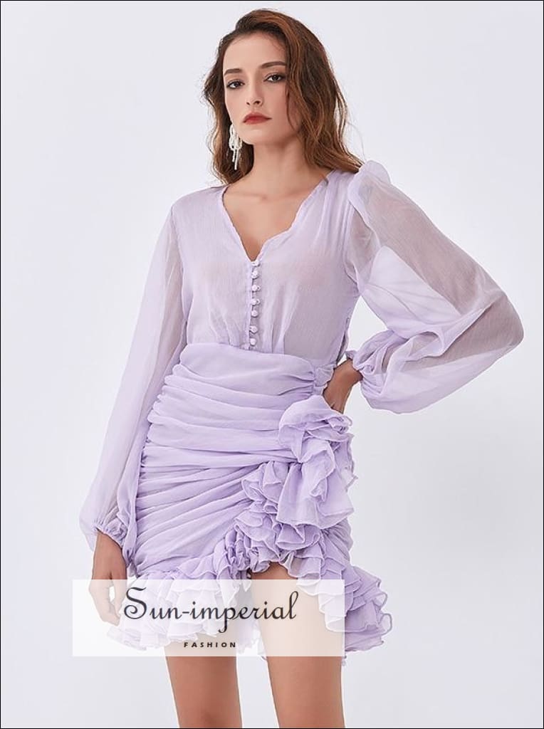Sun-imperial - women lilac light Purple mini dress with sheer bishop long sleeve and ruched Purple / L Sun-imperial - women lilac light Purple mini dress with sheer bishop long sleeve and ruched Purple / L