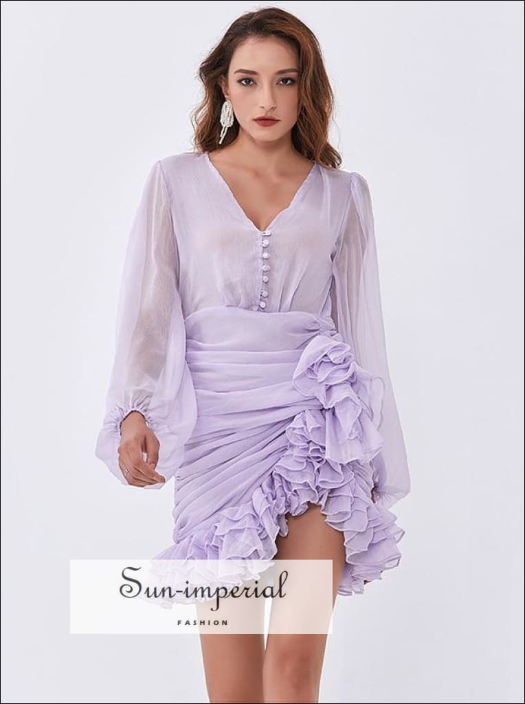 Sun-imperial - women lilac light Purple mini dress with sheer bishop long sleeve and ruched Purple / L Sun-imperial - women lilac light Purple mini dress with sheer bishop long sleeve and ruched Purple / L
