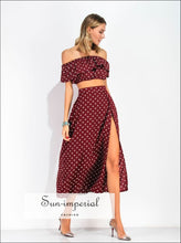 Sun-Imperial Women Maxi Skirt Set - off Shoulder Red Vintage Polka Dot Print Chiffon Ruffle Crop top Blouse +