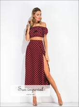 Sun-Imperial Women Maxi Skirt Set - off Shoulder Red Vintage Polka Dot Print Chiffon Ruffle Crop top Blouse +