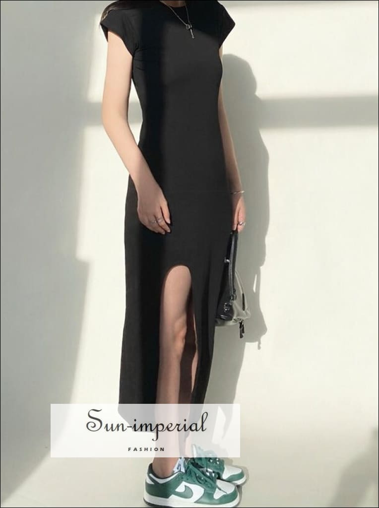 Sun-imperial - women dark gray viscose short sleeve maxi t-shirt dress with high thigh split Khaki / M Sun-imperial - women dark gray viscose short sleeve maxi t-shirt dress with high thigh split Khaki / M