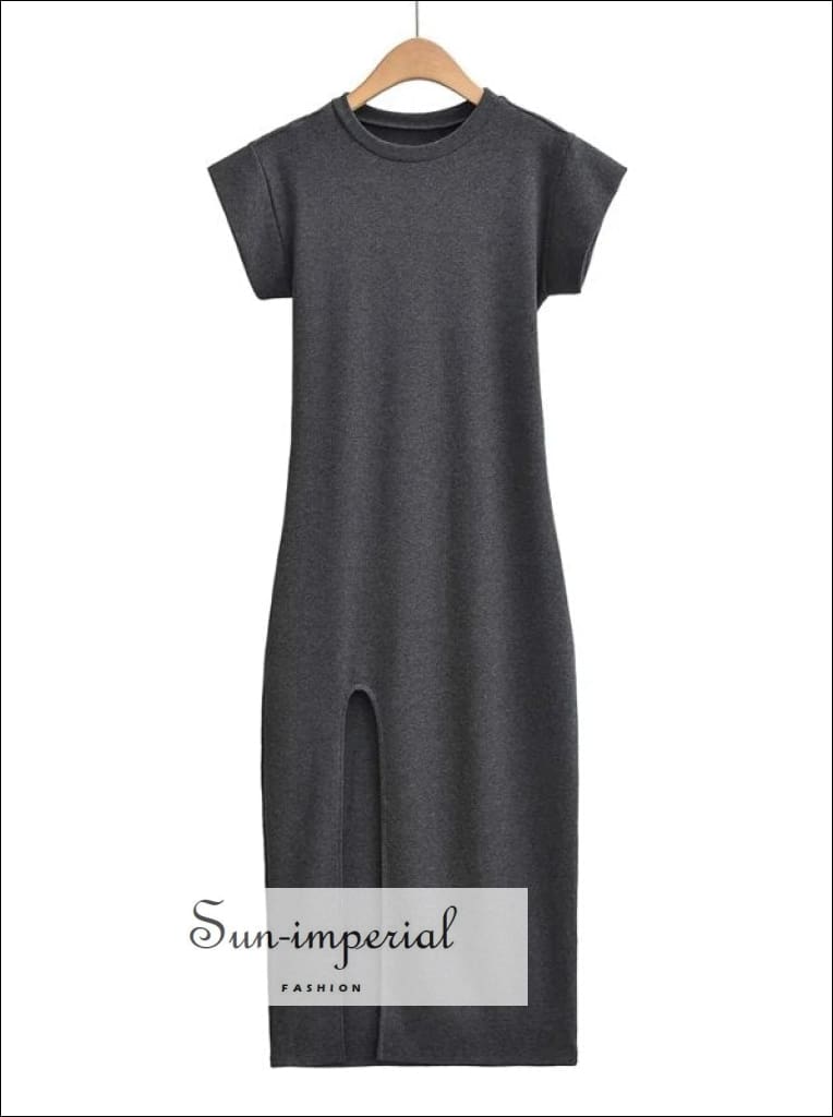Sun-imperial - women Dark gray viscose short sleeve maxi t-shirt dress with high thigh split Dark Grey / M Sun-imperial - women Dark gray viscose short sleeve maxi t-shirt dress with high thigh split Dark Grey / M