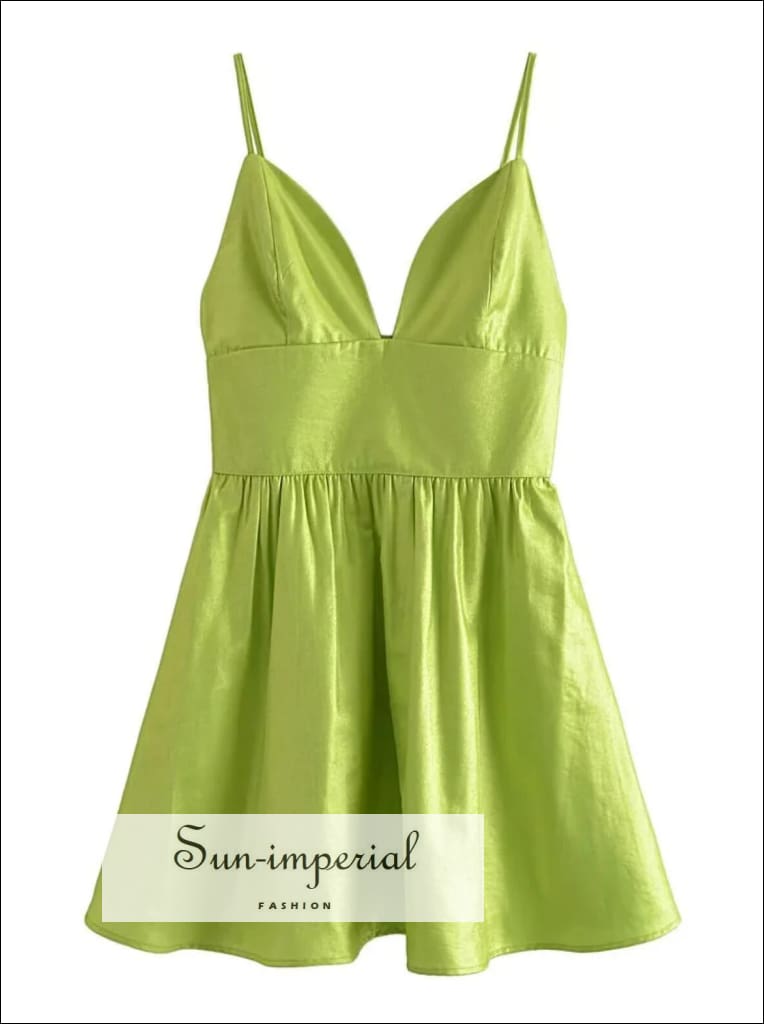 Sun-imperial - women neon green corset style deep v neck a-line backless mini dress party satin Sun-Imperial Sun-imperial - women neon green corset style deep v neck a-line backless mini dress party satin Sun-Imperial