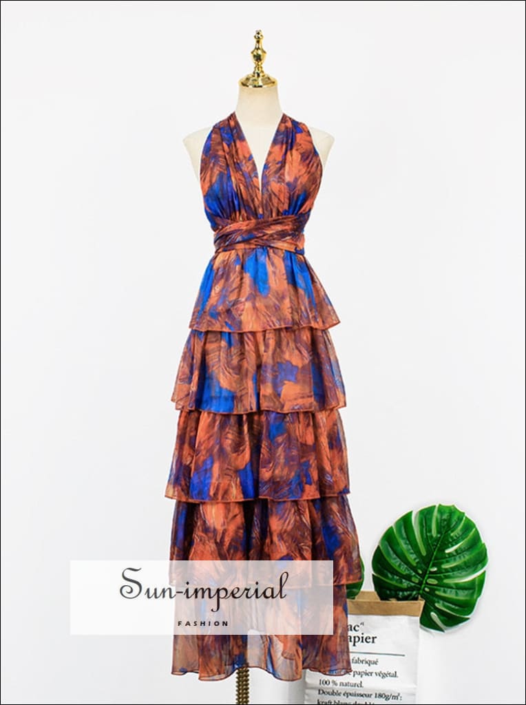 Sun-imperial - women Orange halter maxi dress with blue floral print with layered ruffles hem and Orange / XL Sun-imperial - women Orange halter maxi dress with blue floral print with layered ruffles hem and Orange / XL