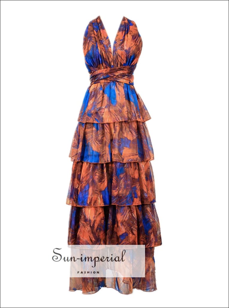 Sun-imperial - women Orange halter maxi dress with blue floral print with layered ruffles hem and Orange / XL Sun-imperial - women Orange halter maxi dress with blue floral print with layered ruffles hem and Orange / XL