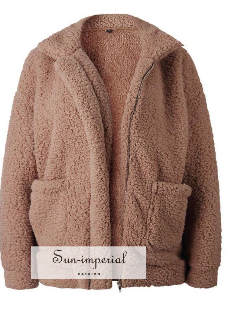thumbnail image 2 of Women's Fuzzy Sherpa Fleece Jacket - Oversized Hooded Zip Up Coat With Pockets For Winter 2 of 12