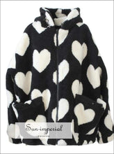 Women Oversized Black Faux Fur Hooded Coat with White Heart Print detail casual style, harajuku PUNK STYLE, street style SUN-IMPERIAL United