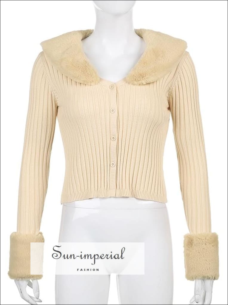 Sun-imperial - women pink plush faux fur collar and cuff knit