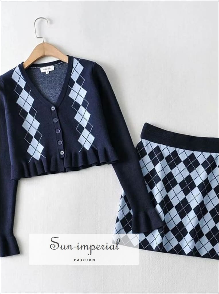 Sun-Imperial Women Plaid Black Button front Argyle Cropped Knit Cardigan  and Argyle Mini Checkered Skirt Set