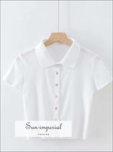 Women Black Short Sleeve Collared Button up Crop top Opaque Buttons T-shirt