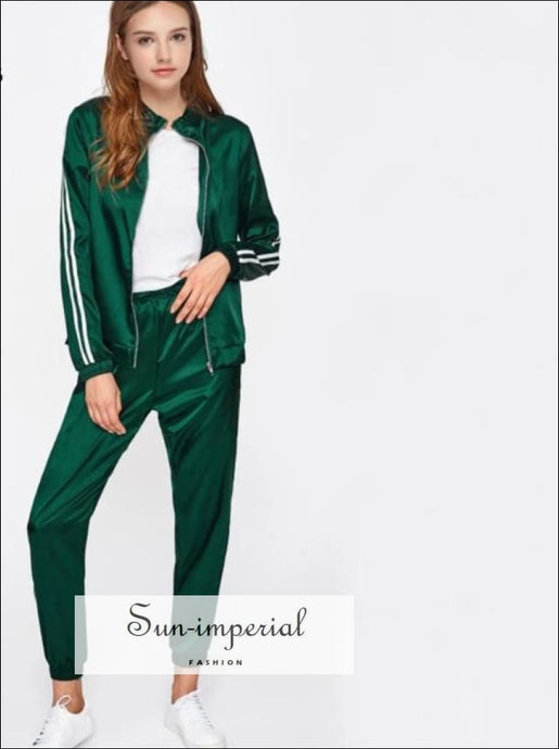 Women side Striped Satin Zip through Tracksuit and Trainer Joggers Sets ACTIVE WEAR, BASIC, Sporty SUN-IMPERIAL United States