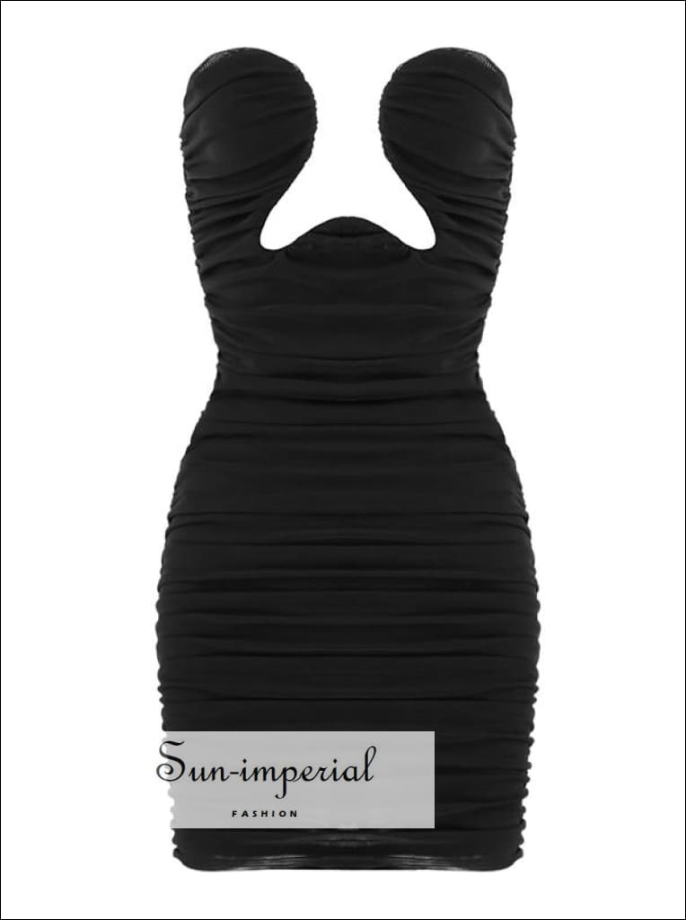 Sun-Imperial - Women Solid Black Strapless Bodycon Cut Out Bustier Ruched Mini Dress Black / Xs Sun-Imperial - Women Solid Black Strapless Bodycon Cut Out Bustier Ruched Mini Dress Black / Xs