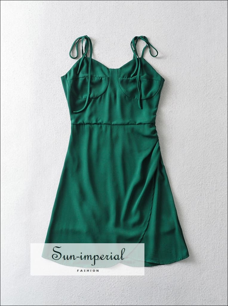 Sun-Imperial - Women Solid Green Cami Tie Straps Corset Style Bodice Ruched Elastic Back Mini Dress Green / L Sun-Imperial - Women Solid Green Cami Tie Straps Corset Style Bodice Ruched Elastic Back Mini Dress Green / L