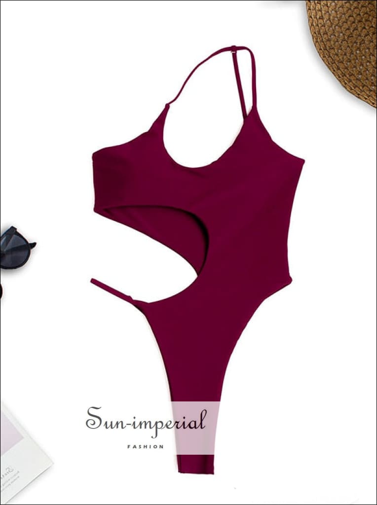 Women Solid One Piece Asymmetrical Shoulder Cut out Waist Swimsuit shoulder Out Sun-Imperial United States
