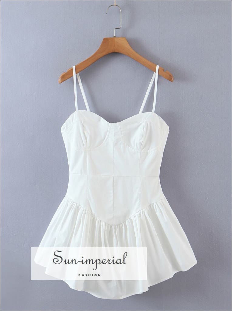 Sun-Imperial - Women Solid White Cami Strap Pleated Hem Corset Style Mini Dress White / M Sun-Imperial - Women Solid White Cami Strap Pleated Hem Corset Style Mini Dress White / M