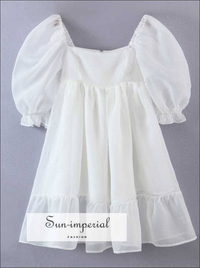 Sun-imperial - women solid White print puff sleeve square neckline a-line pleated long dress White / L
