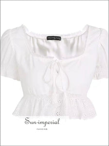 Women Square Neck Chiffon Crop top Spliced Lace Hem with Puff Sleeve Short Sleeve Blouse
