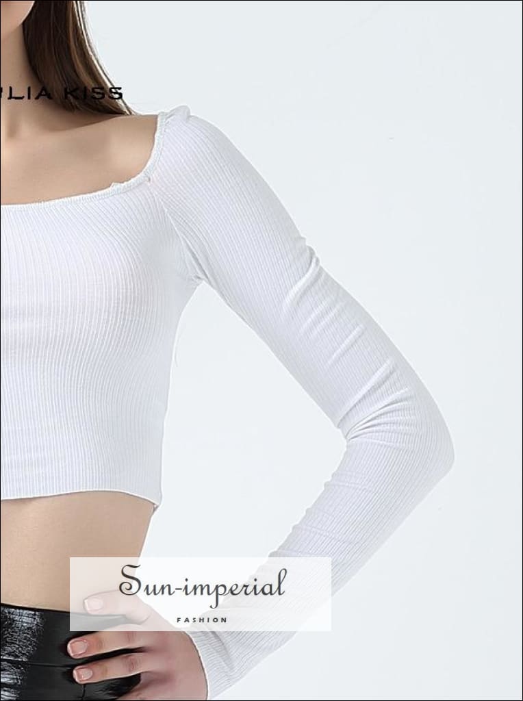  Women 's Long Sleeve Crop Shirt Top Square Neck Ribbed