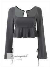 Women Dark Gray Square Neck With Ruffle Detail Crop Top And Wrap Mini Skirt Set Sun-Imperial United States