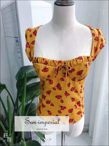 Women Sweetheart Tie Neck top with Lace back in Yellow Floral Print