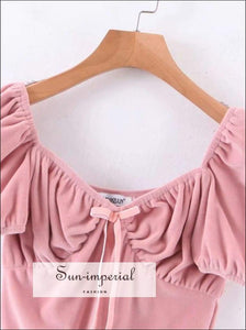 Women Tie front Velvet top with Puff Sleeve Crop top - Pink