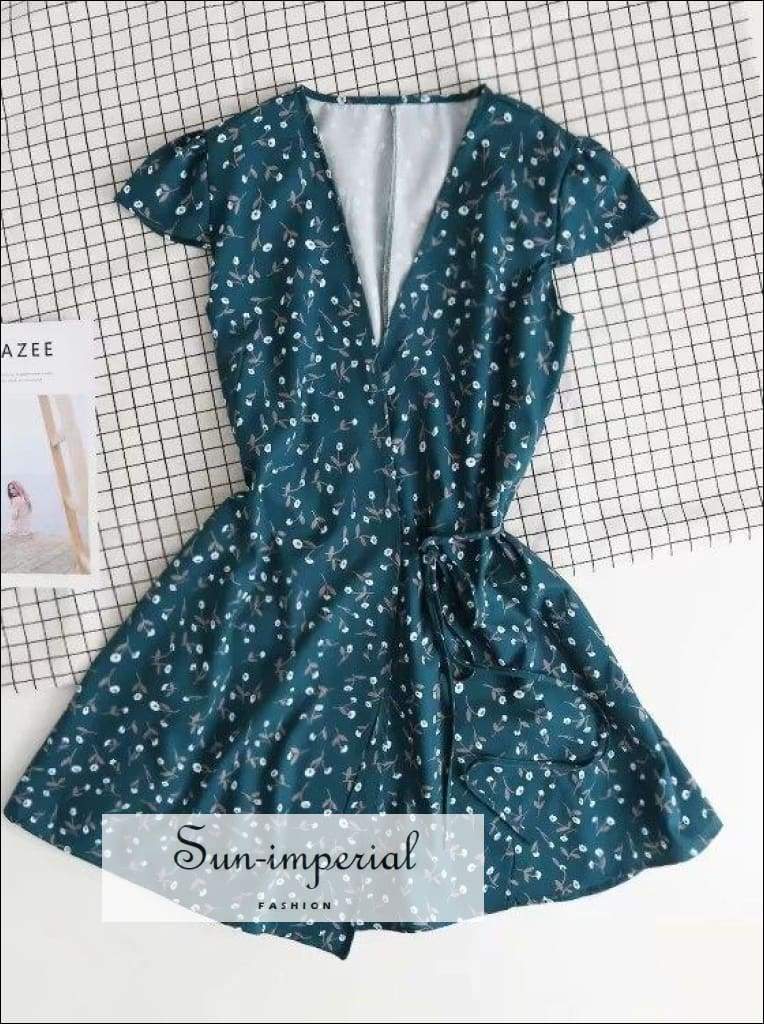 Sun-imperial - green floral v neck short sleeve wrap mini dress green / M Sun-imperial - green floral v neck short sleeve wrap mini dress green / M