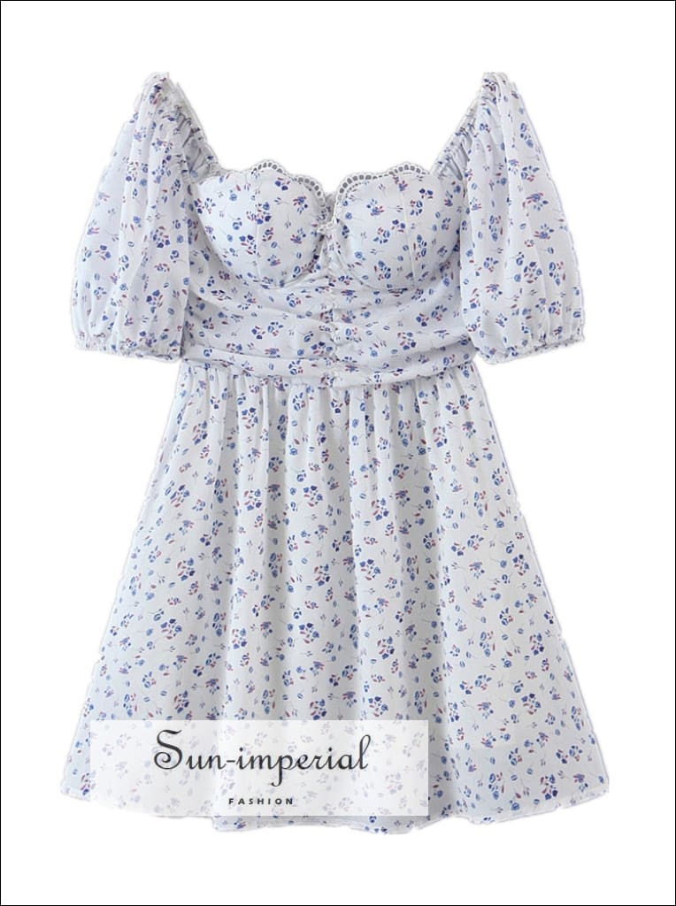 Sun-imperial - women White a-line blue floral print mini dress with padded bodice and puff short MULTI / M Sun-imperial - women White a-line blue floral print mini dress with padded bodice and puff short MULTI / M