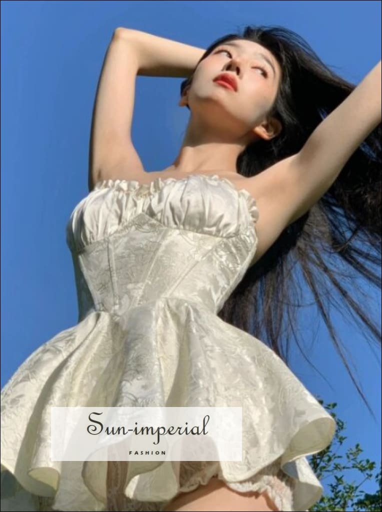 Sun-imperial - women White a-line pleated hem corset style mini dress with ruched bodice and lace Beige / M Sun-imperial - women White a-line pleated hem corset style mini dress with ruched bodice and lace Beige / M