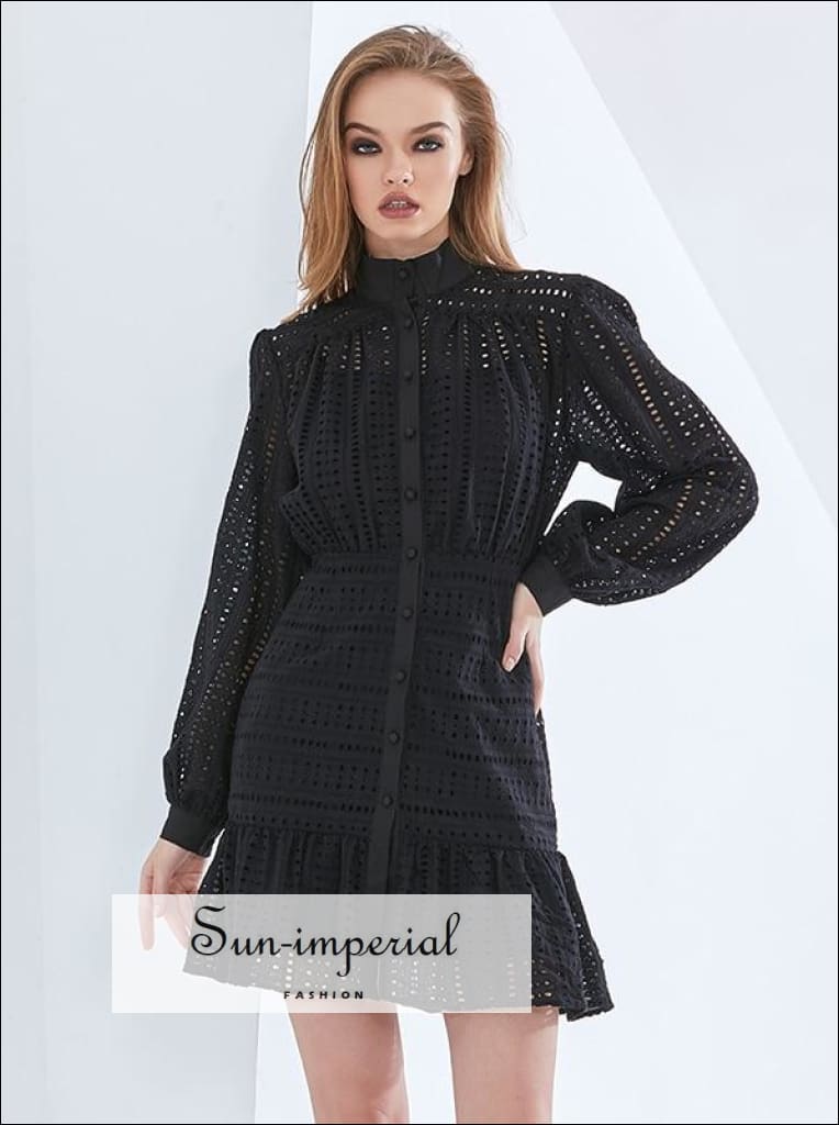 Sun-Imperial - Women White Buttoned Long Sleeve A-Line Elegant Mini Dress with High Collar and Black / L Sun-Imperial - Women White Buttoned Long Sleeve A-Line Elegant Mini Dress with High Collar and Black / L