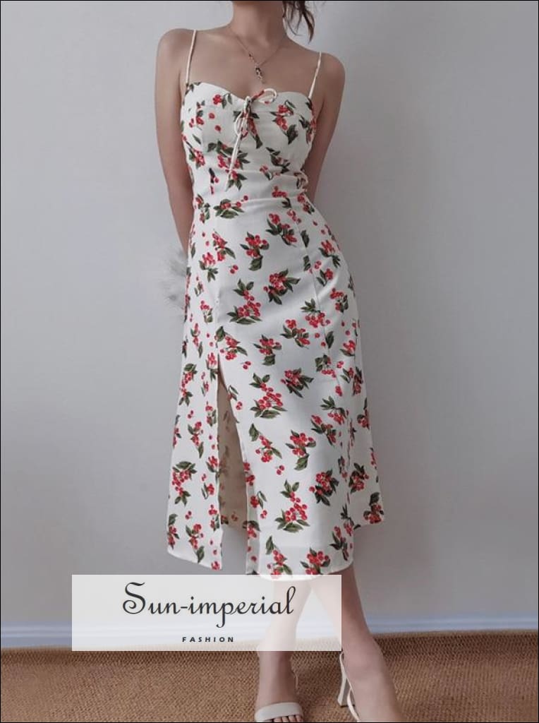 Women White Cherry Print Sweetheart Neckline Tie Straps Midi Dress with side Slit and Center front