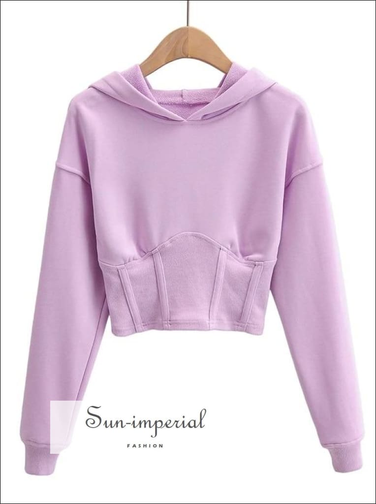Women Purple Corset Style Cinched Waist Crop Hoodie Sweatshirt
