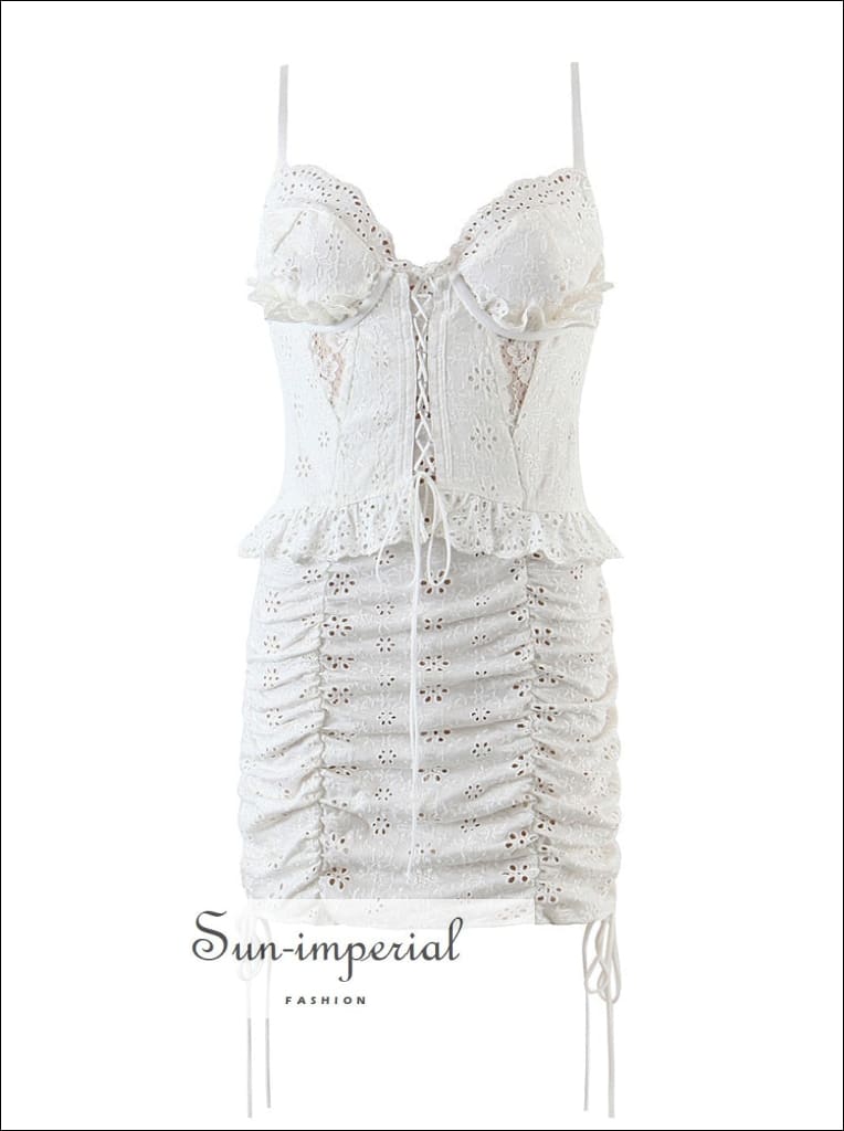 Sun-imperial - women White embroidery bustier cami strap bodycon mini dress with center tie detail as picture / M