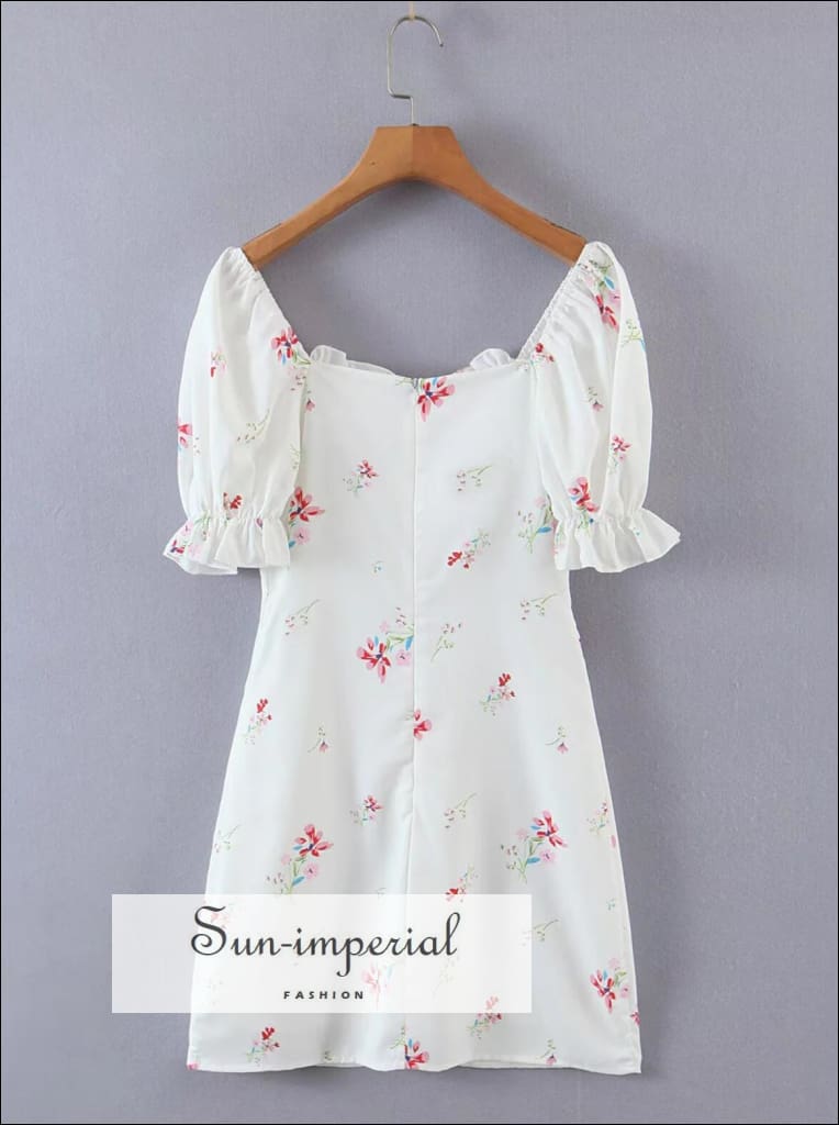 Sun-imperial - women White floral print ruched bodice with center bow short puff sleeve mini dress White / M Sun-imperial - women White floral print ruched bodice with center bow short puff sleeve mini dress White / M