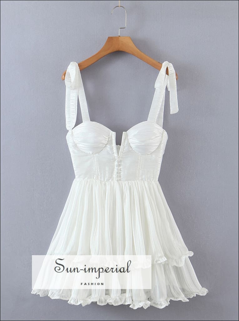 Sun-Imperial - Women White Floral Print Tie Cami Strap Spliced Neck Corset Style Layered Mini Dress White / M Sun-Imperial - Women White Floral Print Tie Cami Strap Spliced Neck Corset Style Layered Mini Dress White / M