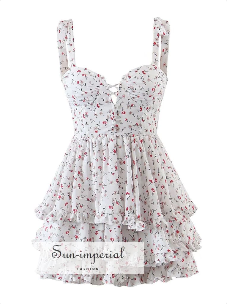 Sun-imperial - women white floral print tie cami strap spliced neck corset  style layered mini dress – Sun-Imperial