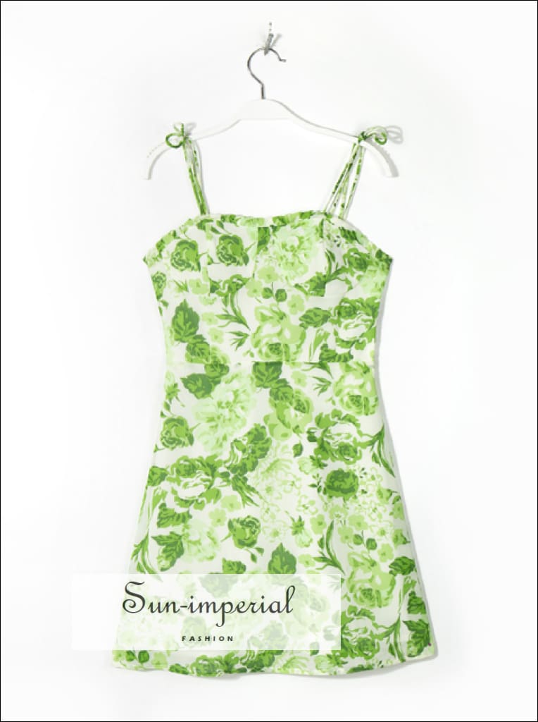 Sun-imperial - women White Green leaf print tie cami strap a-line mini dress Green / S Sun-imperial - women White Green leaf print tie cami strap a-line mini dress Green / S