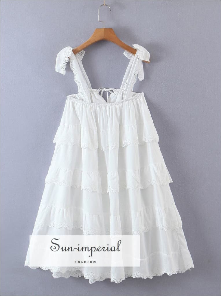 Sun-imperial - women White layered lace ruffles puff mini dress with tie cami strap and center Sun-imperial - women White layered lace ruffles puff mini dress with tie cami strap and center