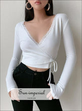 Women White Long Sleeve Ribbed Wrap top with Lace Trim detail Basic style, chick sexy street style SUN-IMPERIAL United States