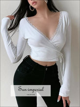 Women White Long Sleeve Ribbed Wrap top with Lace Trim detail Basic style, chick sexy street style SUN-IMPERIAL United States