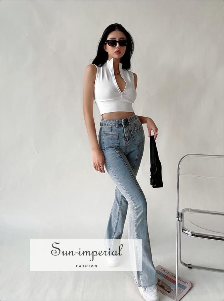 Sun-imperial - women white sleeveless half zip crop tank top with
