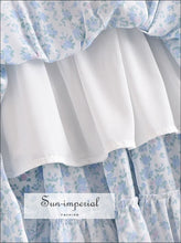 Women White with Blue Flower Print Short Sleeve Square Collar Midi Dress Elastic back and Beach Style Print, Bohemian Style, boho style, 