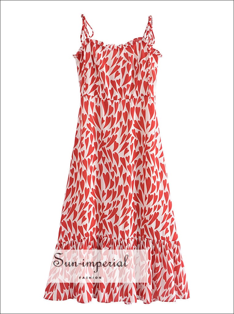 Sun-imperial - women White with Red heart print tie strap v neck elastic back midi dress with Red / S Sun-imperial - women White with Red heart print tie strap v neck elastic back midi dress with Red / S