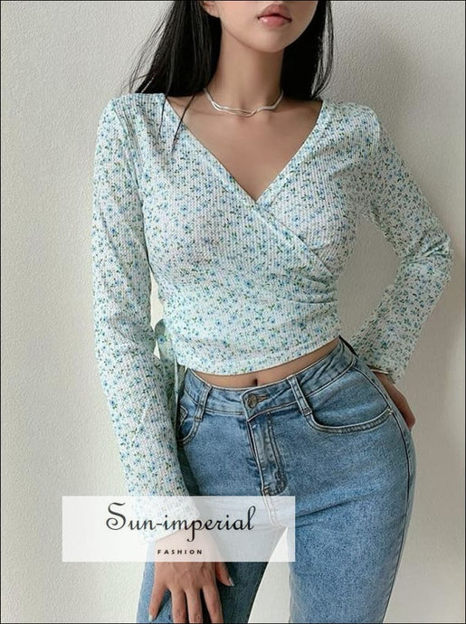 Women White Wrap front Blue Floral Print Long Sleeved Blouse Waffle Crop top with Tie Hem Basic style, casual chick sexy harajuku Preppy 
