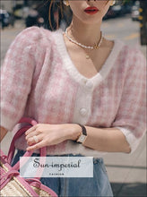 Women Wool Pink Plaid Knitted Cardigan Single Breasted V-neck Short Puff Sleeve Sweater SUN-IMPERIAL United States