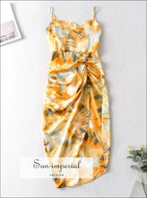 Yellow Orange Tie Dye Cami Strap Corset Bust Midi Dress with High side Slit and Ruched Waist detail Beach Style Print, bohemian style, boho