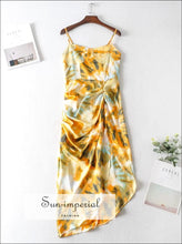 Yellow Orange Tie Dye Cami Strap Corset Bust Midi Dress with High side Slit and Ruched Waist detail Beach Style Print, bohemian style, boho