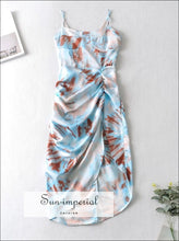 Yellow Orange Tie Dye Cami Strap Corset Bust Midi Dress with High side Slit and Ruched Waist detail Beach Style Print, bohemian style, boho