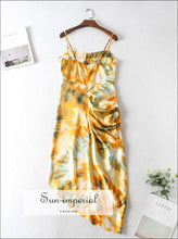 Yellow Orange Tie Dye Cami Strap Corset Bust Midi Dress with High side Slit and Ruched Waist detail Beach Style Print, bohemian style, boho