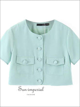 Sun-imperial Yellow Two Piece Mini Skirt Set Short Sleeve Pockets Crop top and Slim Cut 2 piece, piece set, skirt chick sexy style, set